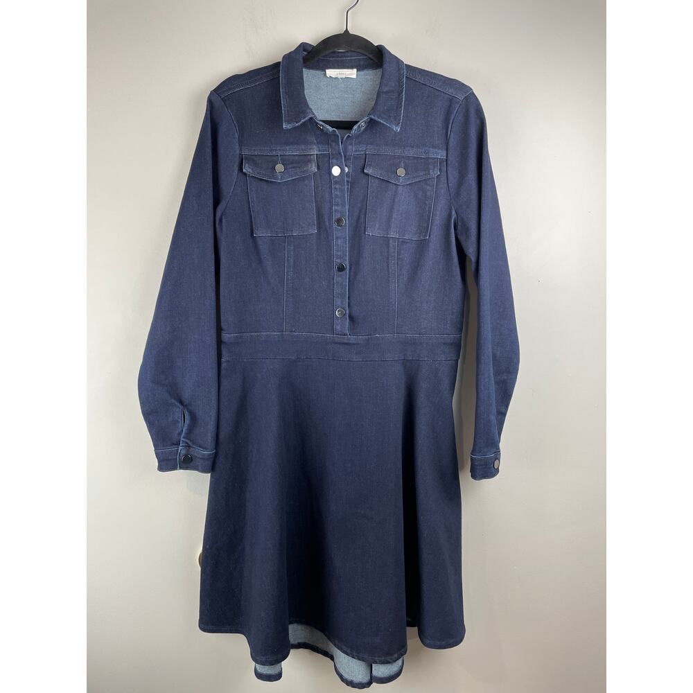 A Loves A Dark Indigo Denim Shirt Dress Fit & Flare Long Sleeve Stretch